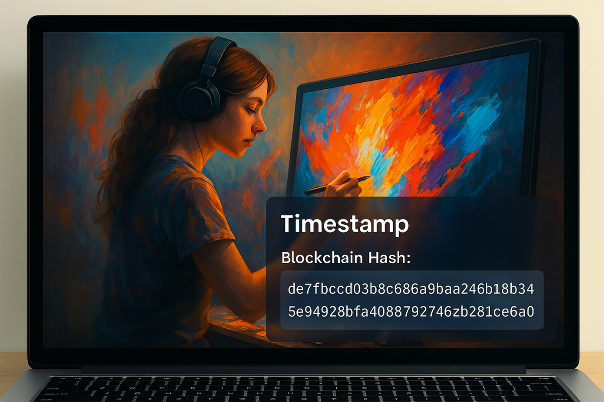 Digital artwork being timestamped with blockchain hash overlay